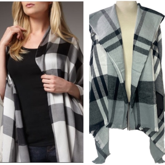 Luxury Wrap Sweater Knit Kimono Cardigan Wrap Black Gray White Plaid Cozy Soft - Picture 1 of 16